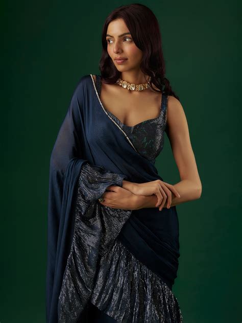 Deep Navy Blue Shimmer Georgette Sequin Ruffled Saree Set – Breathe by ...