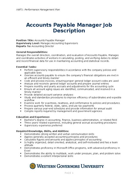 C235 Accounts Payable Manager Job Description Task2 0218 - XWT1: Performance Management Plan ...