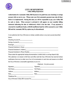 Riverton Utility Bill Payment Authorization - Blank Fillable Template ...