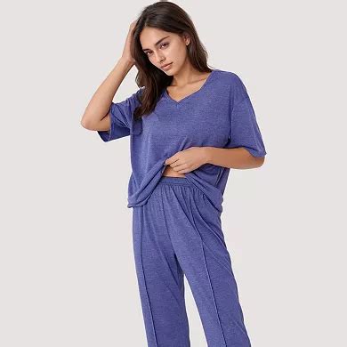 Women's Relaxed Fit Lounge Set with V-Neck Short Sleeve Top and Full ...
