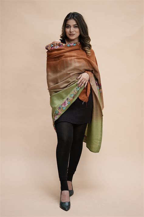 Ombre color kashmiri shawl with aari border gives a trendy look