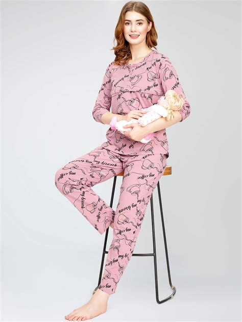 ZEYO Women's Cotton Cup & Saucer Printed Mauve Nursing & Maternity Nig