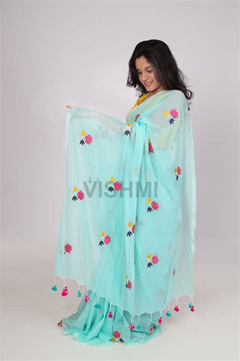 Turquoise Lotus Mul Saree – Vishmi
