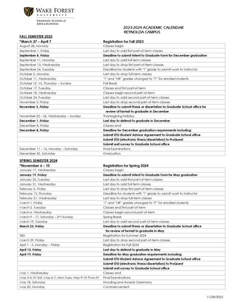 Wake Forest University Academic Calendar 2024-2025 [PDF]