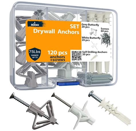 ALBO Drywall Anchor Kit With Screws - 120 Pcs Hollow Wall Set (Grey ...