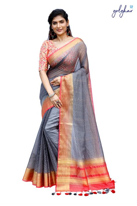 Silky Kinky | Organza Jute Designer Saree with Shiny Golden Border ...