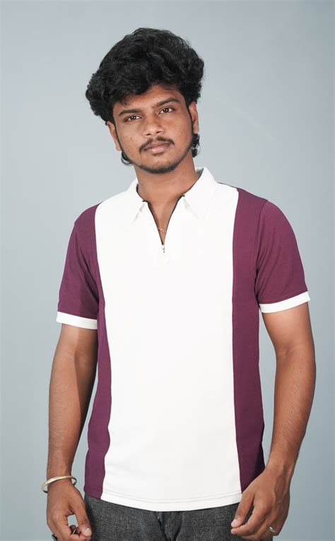 Korean Half Sleeve Collar Neck ZIpper Tshirt for Men- White with Maroo ...