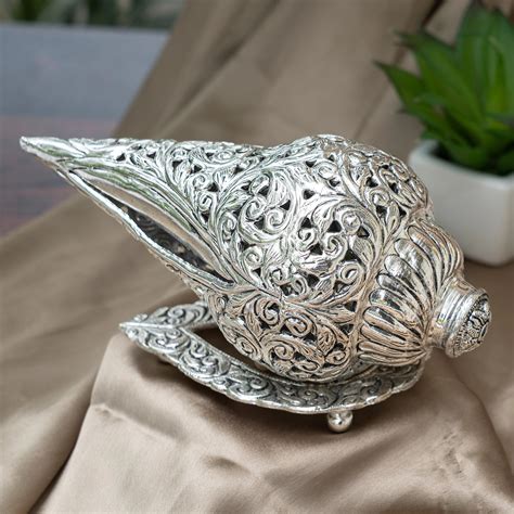 Handcrafted German Silver Carved Shankh with Stand | The Zappy Box