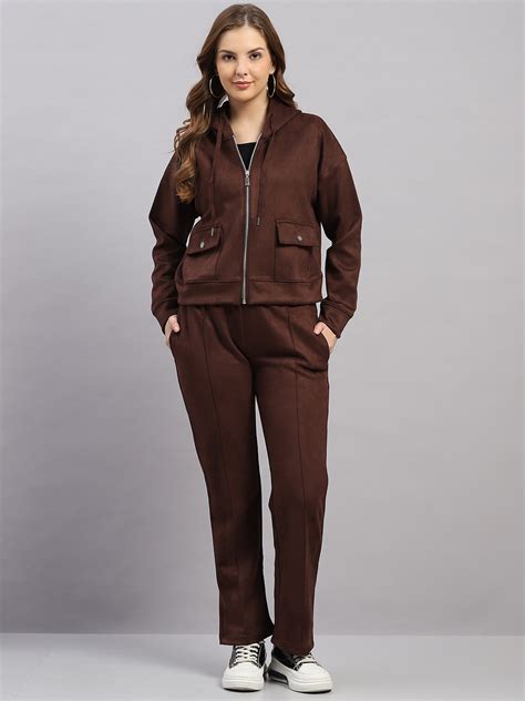 Buy Women Brown Solid Hooded Full Sleeve Winter Tracksuit Online in ...