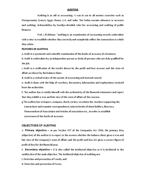 Auditing - Notes - AUDITING Auditing is as old as accounting. It was in ...