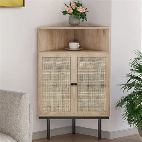 Furnishiaa Corner Cabinet with Handmade Natural Rattan Doors