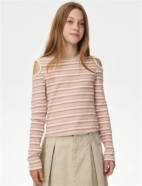 Buy Cotton Rich Ribbed Cold Shoulder Top (6-16 Yrs) at Marks & Spencer