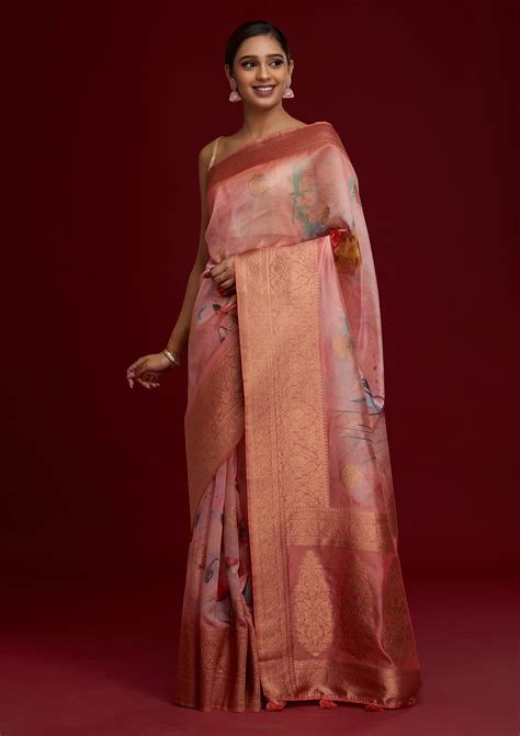 Buy Peach Zariwork Taffeta Silk Saree - Koskii