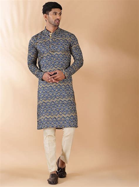 THE KURTA COMPANY Navy Blue Printed Silk Blend Regular Fit Kurta for ...