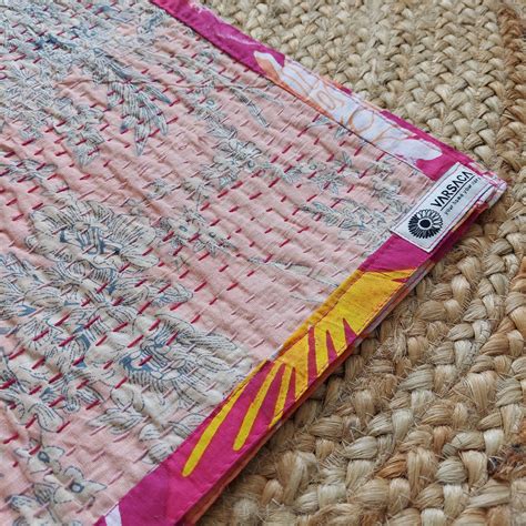 Handmade Kantha Work Table Runner in Peach Floral Design with Pink Cot ...