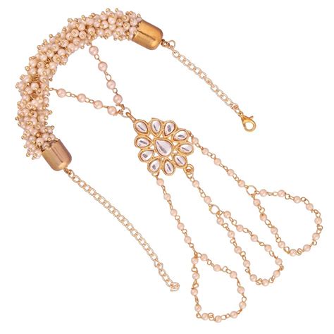 Buy ACCESSHER Brass with Pearl Traditional Haath Phool Ring Bracelet ...