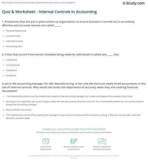 Quiz & Worksheet - Internal Controls in Accounting | Study.com