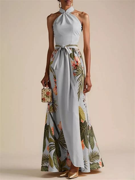 Beige Floral Bow Satin Halter Sleeveless A-Line Maxi Cocktail Dress in ...