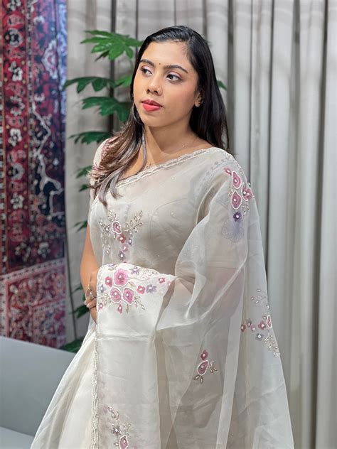 Floral Print With Hand Embroidery Detailed Organza Saree | BLD1827 ...