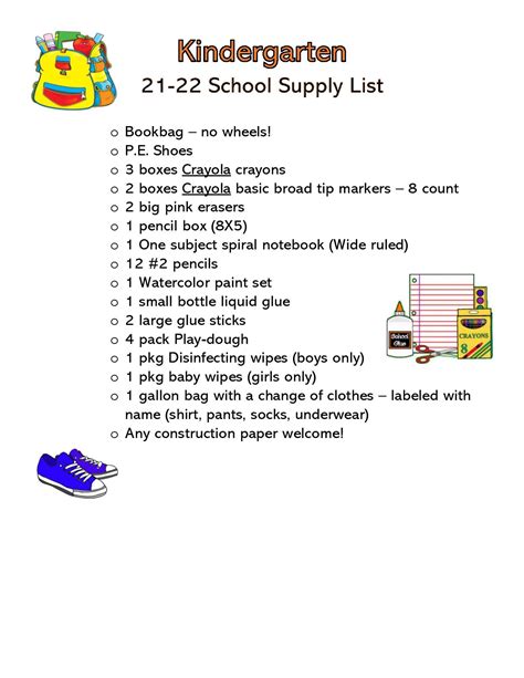 Kindergarten Supply List Template