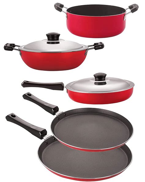 Nirlon Non-Stick Aluminium Cookware Set, 5-Pieces, Red and Black (2.6mm ...