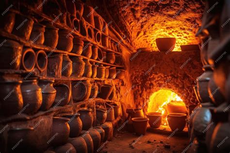 Premium AI Image | Closeup of clay pottery inside a glowing kiln