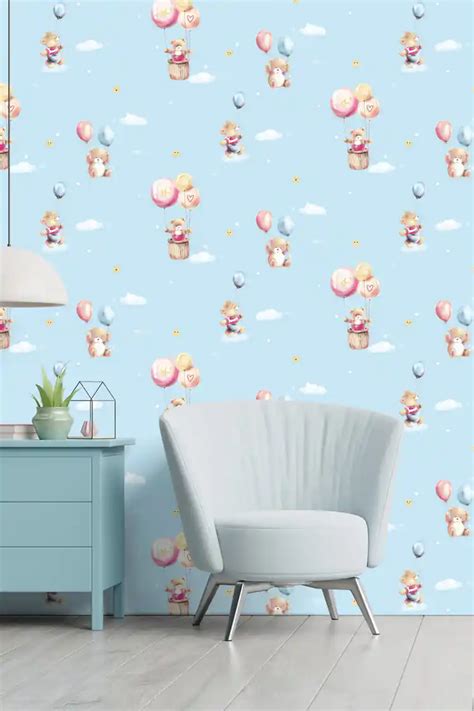 Cute Teddy Bears with Balloons on Blue Sky Wallpaper for Kids | Piwall