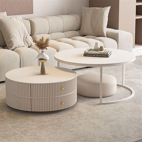 Kadaligh Nesting Coffee Table Set of 2 with Leather Stool - Ivory Wood ...