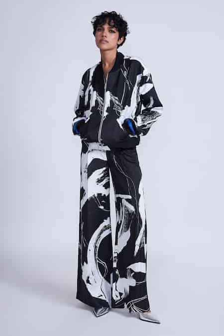 Buy Black Satin Slub Printed Splash Ribbed Tazaki Bomber Jacket For ...