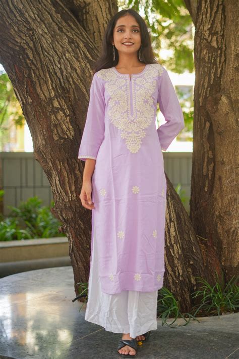 Floral Lavender Chikankari Kurti – Atha Fashion