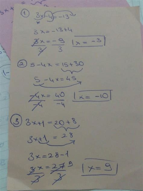 1) 3x-4 = -13 x=? 2) 5-4x = 15+30 x=? 3) 3x+1 20+8 x=? - Eodev.com