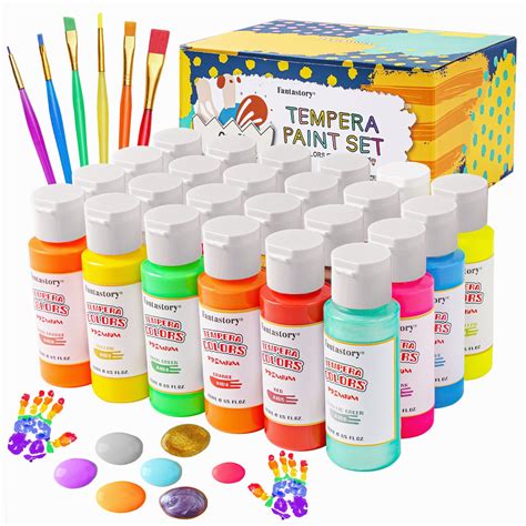 Fantastory Washable Tempera Paint Set 24 Colors + 3 Free Brushes for ...