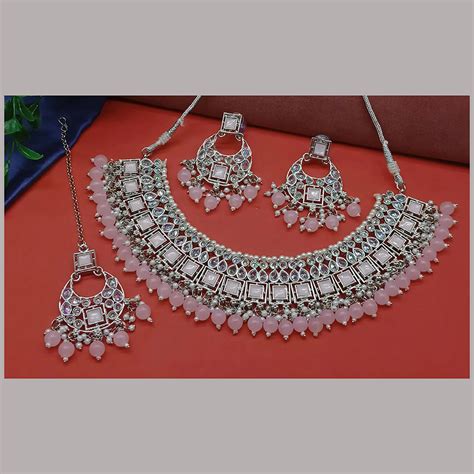 Gehana Mahal Silver Plated Crystal Stone Pearl And Beads Necklace Set ...