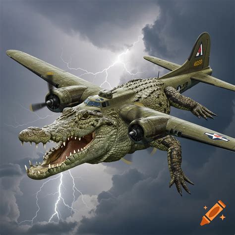 A bomber plane with a large crocodile head flies through a stormy sky ...
