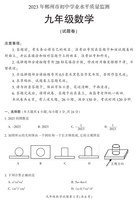 2023年湖南省郴州市初中学业水平质量监测九年级数学试卷（PDF版 含答案）-21世纪教育网