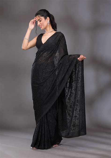 Buy Black Threadwork Georgette Saree - Koskii