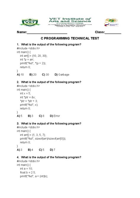 C PROGRAMMING TECHNICAL TEST 1: OUTPUT PREDICTIONS & ERRORS - Studocu