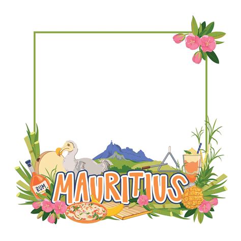 Frame. Landmarks of Mauritius island in flat style. sugar cane, Mount Peter, endemic bird Dodo ...