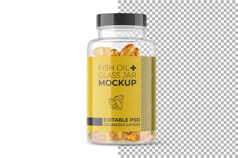 Premium PSD | Fish oil capsules clear glass jar mockup psd
