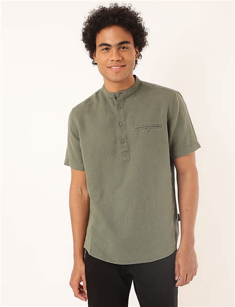 Buy Linen Mix Plain Mandarin Collar Shirt at Marks & Spencer