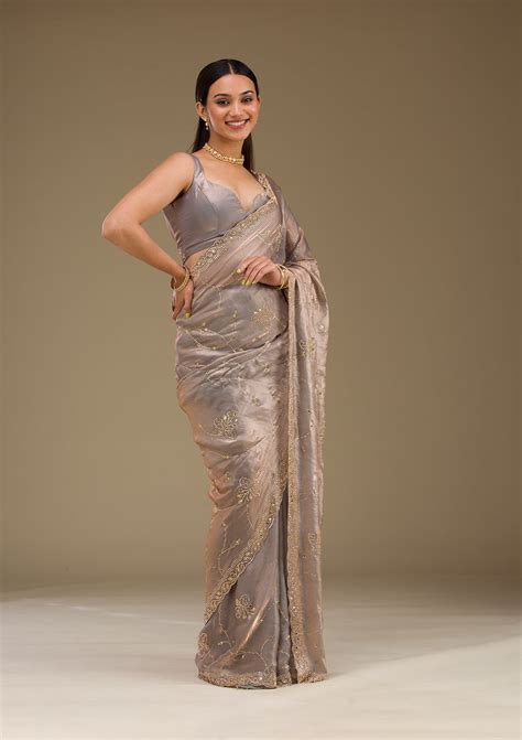 Buy Grey Stonework Tissue Saree - Koskii