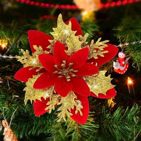 Buy Glamifirsto 5 Artificial Gold Red Poinsettia Flowers Decorations ...