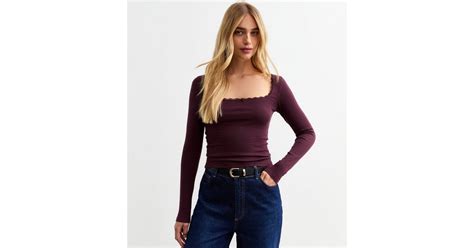 Burgundy Square Neck Lace Trim Top | New Look
