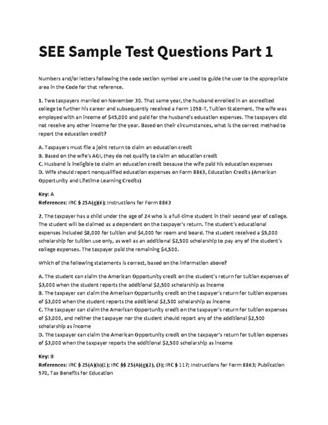 SEE Sample Test Questions Part 1: Education Credits & Tax Deductions ...