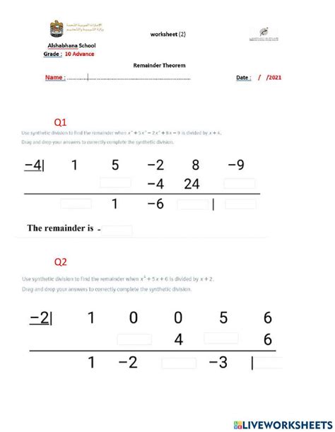 Image result for Remainder Theorem Worksheet