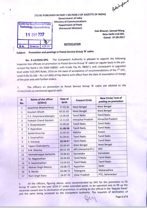 Promotion and postings in Postal Service Group 'B' cadre : DoP Order