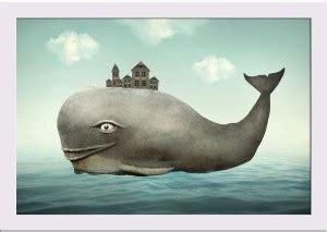 Whale In The Ocean With Some Houses In His Back Paper Poster White ...