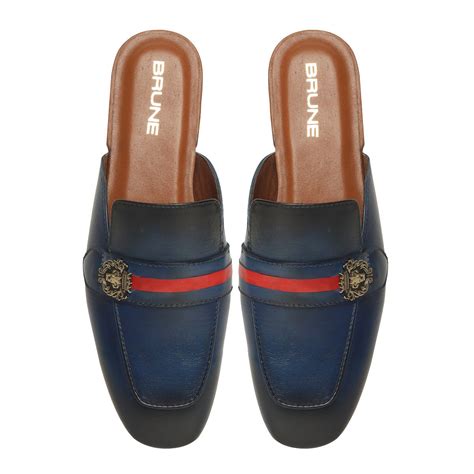 Women's Blue Leather Mules with Lion Badge & Contrasting Red/Blue Stra