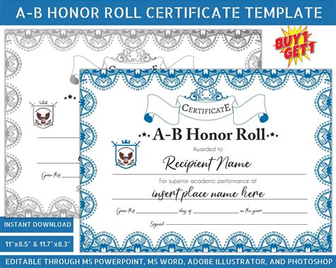 AB Honor Roll Certificate Template: Printable Student Recognition (MS ...