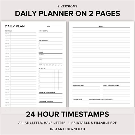 24 Hour Daily Planner Printable, Daily Plan on 2 Pages, Day on 2 Page ...